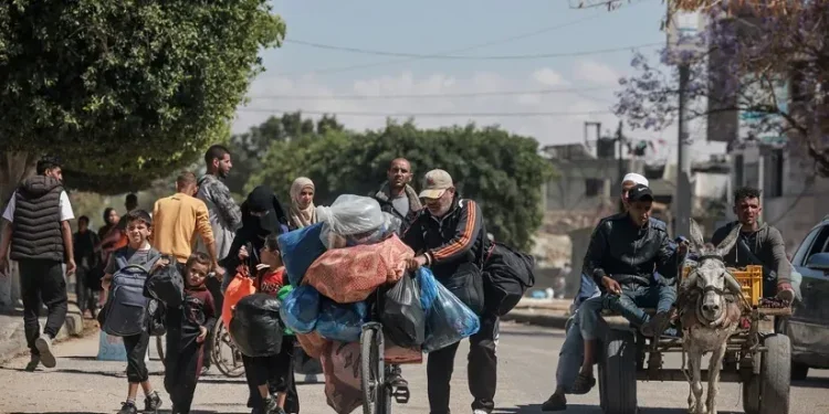 Um grupo de palestinos deslocados espera pela distribuição de água de MSF na área de Tal Al-Sultan, na cidade de Rafah, sul de Gaza. Janeiro de 2024. © MSF