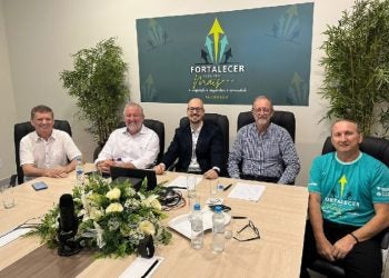 Roni Temp, Dirceu Tessaro, Dimas Bragagnolo, Walter Venson e Conderlei Lorenzetti, conselheiros e diretores, na reunião on-line do Sicoob Três Fronteiras – foto: Divulgação