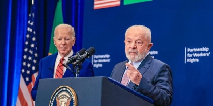 Presidentes Joe Biden (EUA) e Lula durante o anúncio da parceria em Nova York. Foto: Ricardo Stuckert / PR