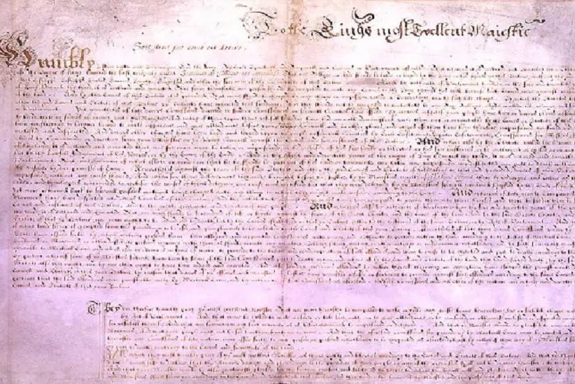 Em 1628, o Parlamento Inglês enviou esta declaração de liberdades civis ao rei Charles I