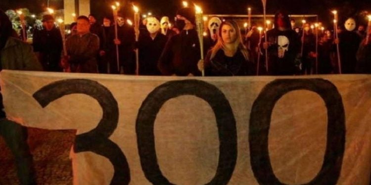 Manifestação do grupo 300 do Brasil, de extrema direita, em frente ao Supremo Tribunal Federal em maio de 2020. Foto: Reprodução