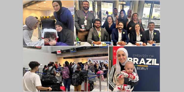 Alguns dos passageiros que embarcaram no voo de repatriação e a equipe da Embaixada do Brasil no Líbano no Aeroporto de Beirute. Fotos: MRE / Divulgação