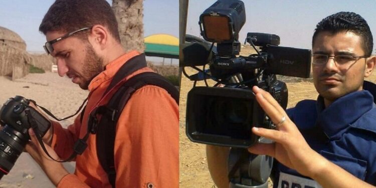 Hossam Al-Adlouni, sua esposa e filhos foram mortos em ataque israelense em Jan Younis. Fadi Khalifa, o segundo jornalista assassinado em horas, em Al-Zaitoun, Gaza.