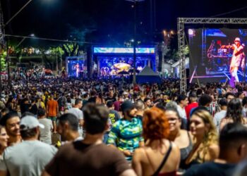 Público ocupou a avenida com fantasias e bandeiras durante o show. Foto: Fundação Cultural de Foz do Iguaçu